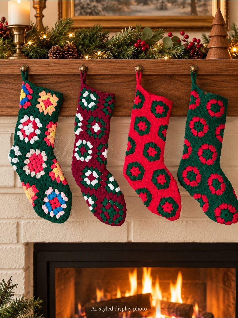Vintage Handmade Crochet Christmas Stockings – Set of 4